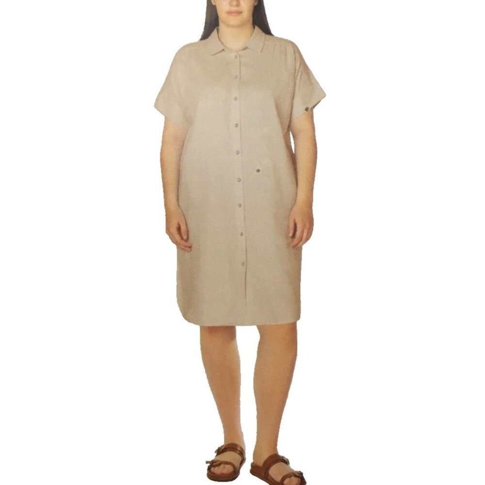 Well Worn Womens Button Down Linen Blend Dress (Tan, Large)